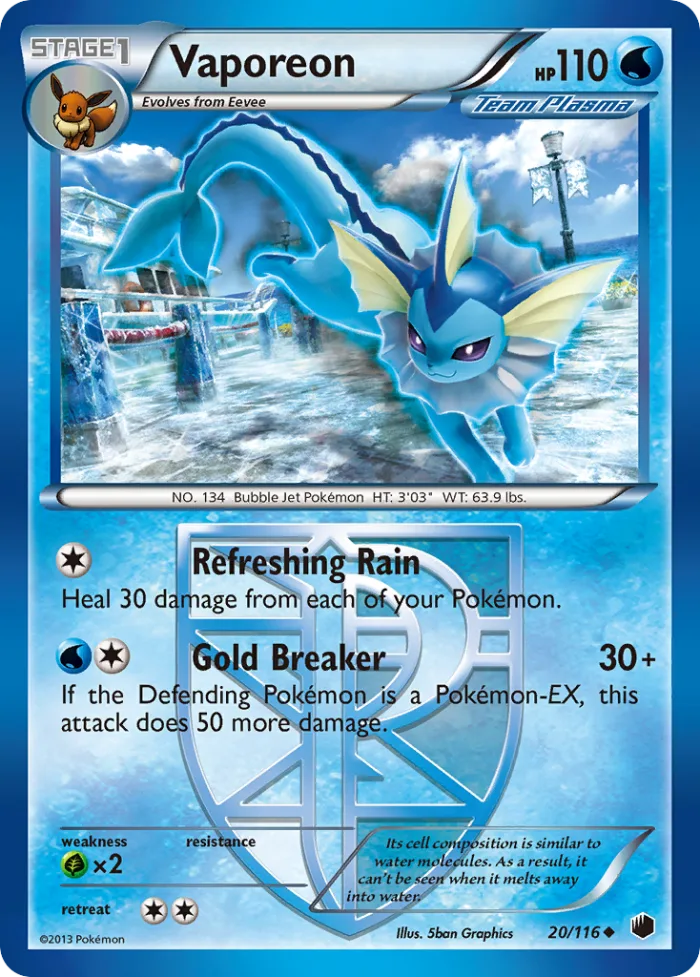 Vaporeon #20 Plasma Freeze Pokemon card