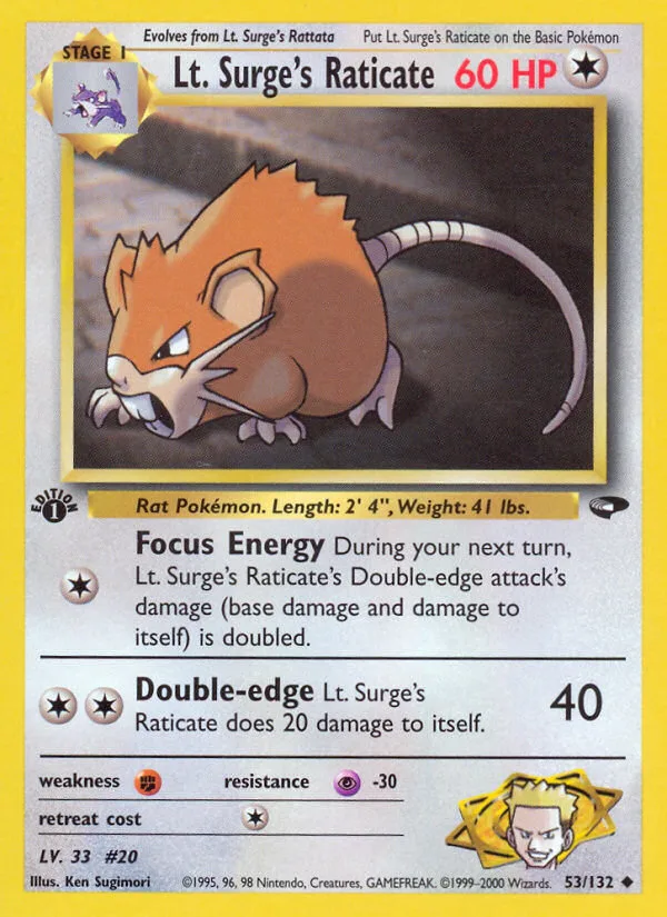 Lt. Surge's Raticate #53 Gym Challenge Pokemon card