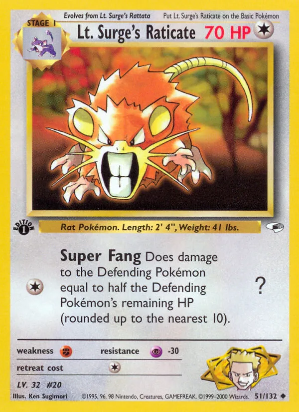 Lt. Surge's Raticate #51 Gym Heroes Pokemon card