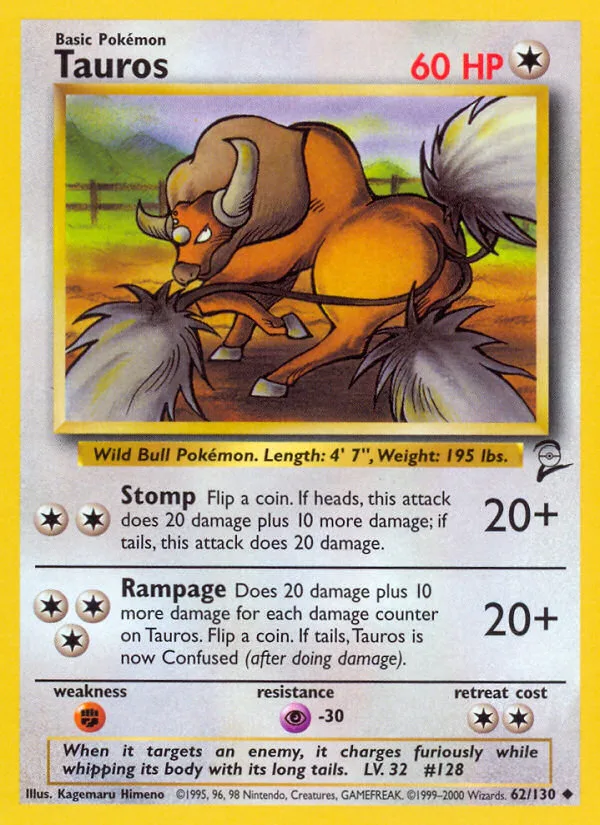 Tauros #62 Base Set 2 Pokemon card