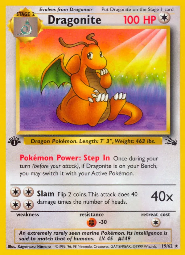 Dragonite #19 Fossil Pokemon card