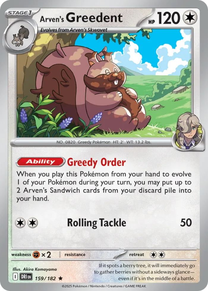 Arven's Greedent #159 Destined Rivals Pokemon card