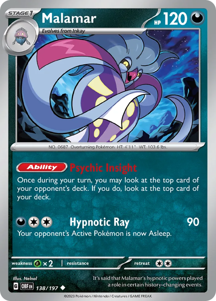 Malamar #138 Obsidian Flames Pokemon card