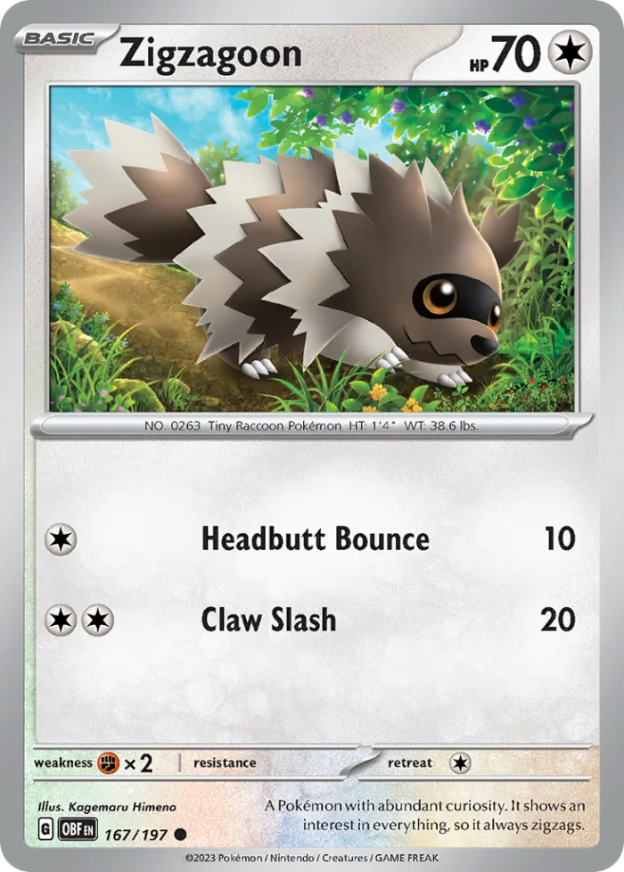 Zigzagoon #167 Obsidian Flames Pokemon card