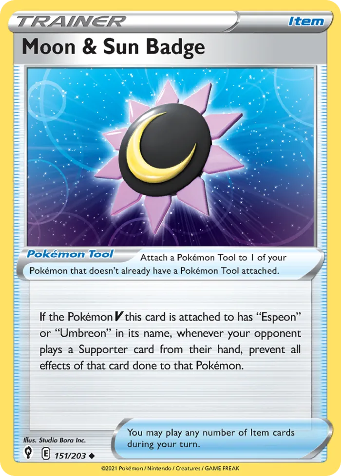 Moon & Sun Badge #151 Evolving Skies Pokemon card