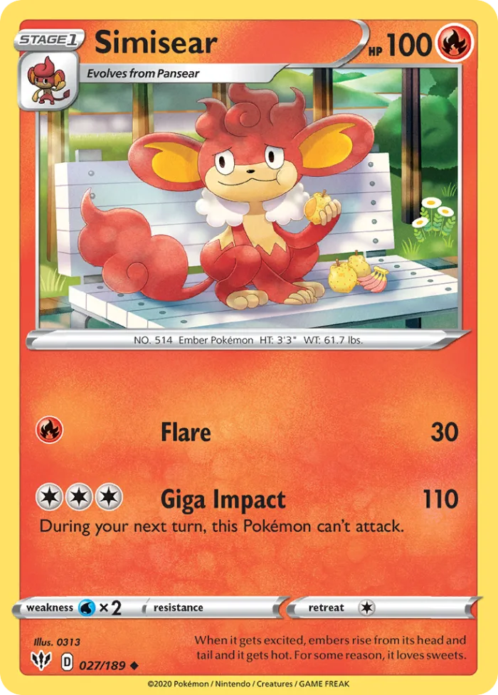 Simisear #27 Darkness Ablaze Pokemon card