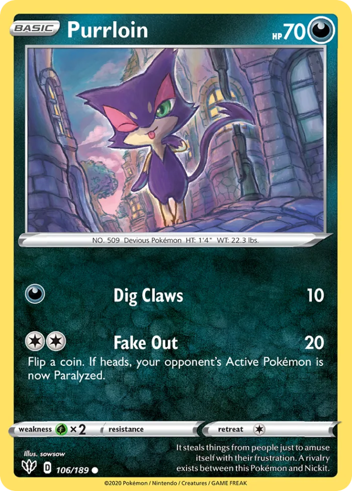 Purrloin #106 Darkness Ablaze Pokemon card