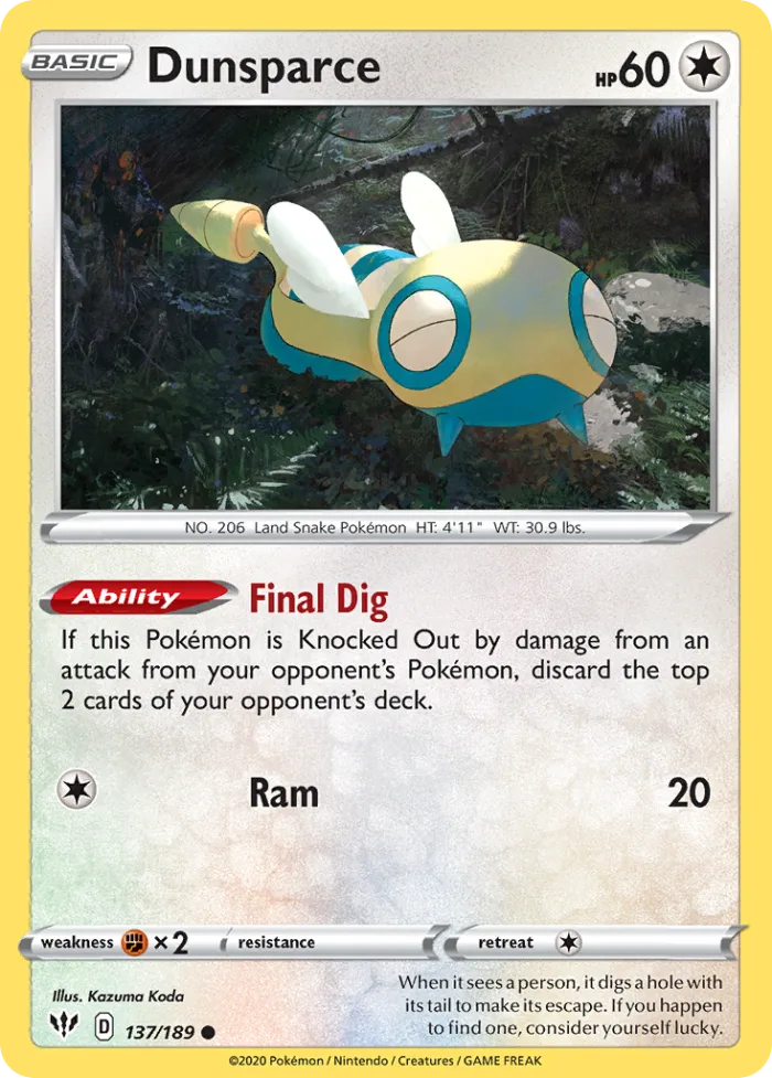 Dunsparce #137 Darkness Ablaze Pokemon card