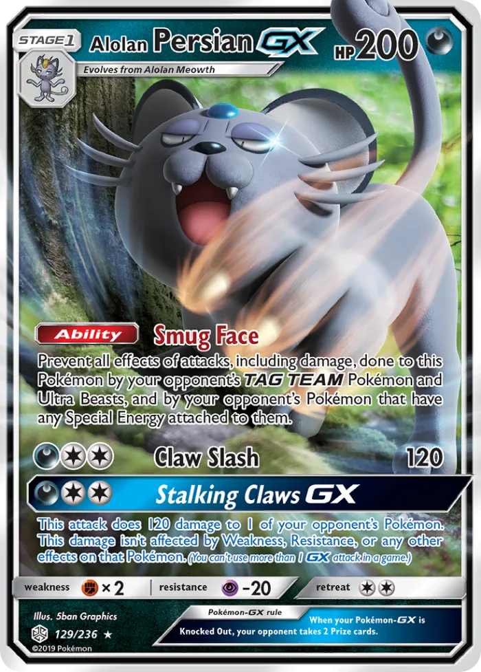 Alolan Persian-GX #129 Cosmic Eclipse Pokemon card
