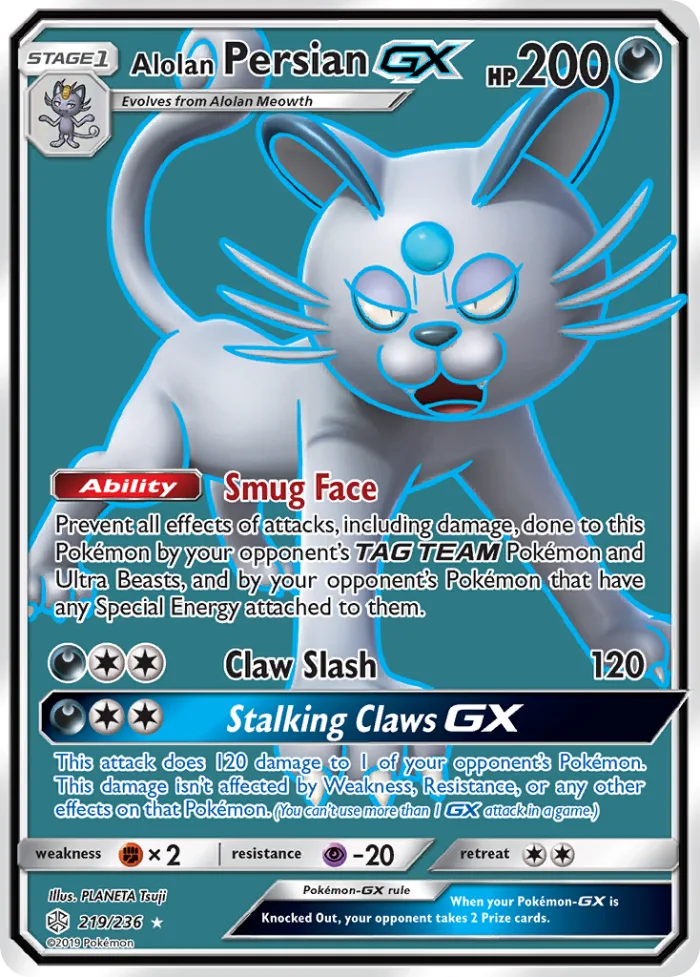 Alolan Persian-GX #219 Cosmic Eclipse Pokemon card