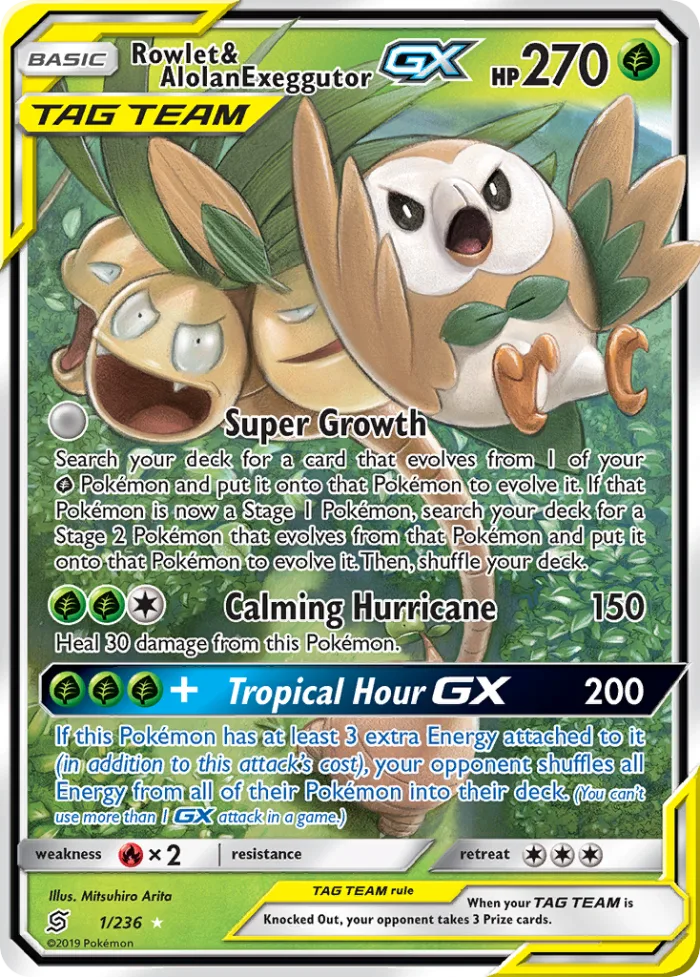 Rowlet & Alolan Exeggutor-GX #1 Unified Minds Pokemon card