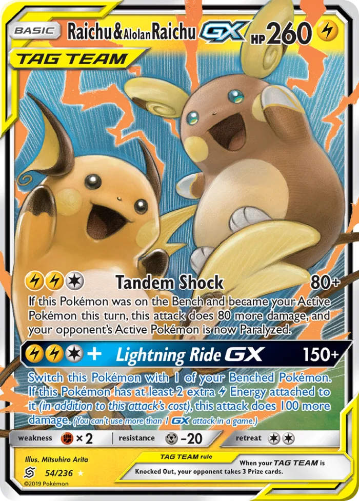 Raichu & Alolan Raichu-GX #54 Unified Minds Pokemon card