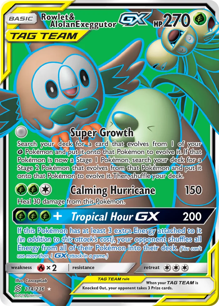 Rowlet & Alolan Exeggutor-GX #214 Unified Minds Pokemon card