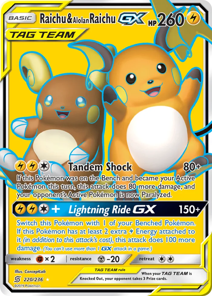 Raichu & Alolan Raichu-GX #220 Unified Minds Pokemon card