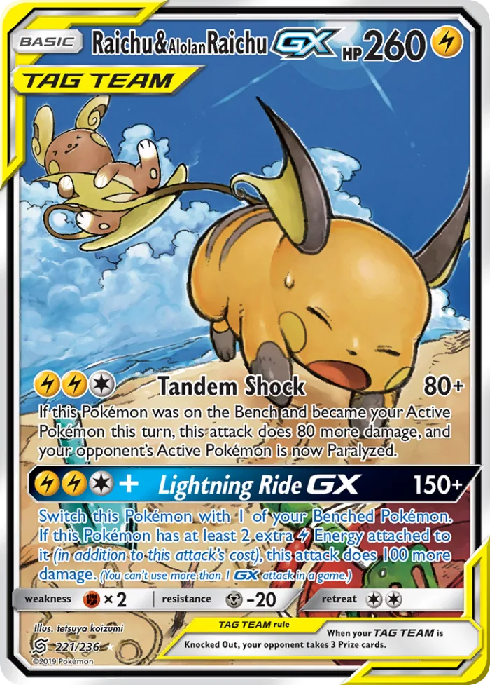Raichu & Alolan Raichu-GX #221 Unified Minds Pokemon card