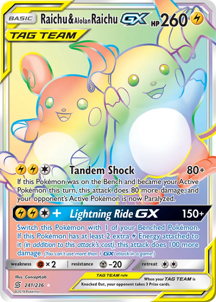 Raichu & Alolan Raichu-GX #241 Unified Minds Pokemon card