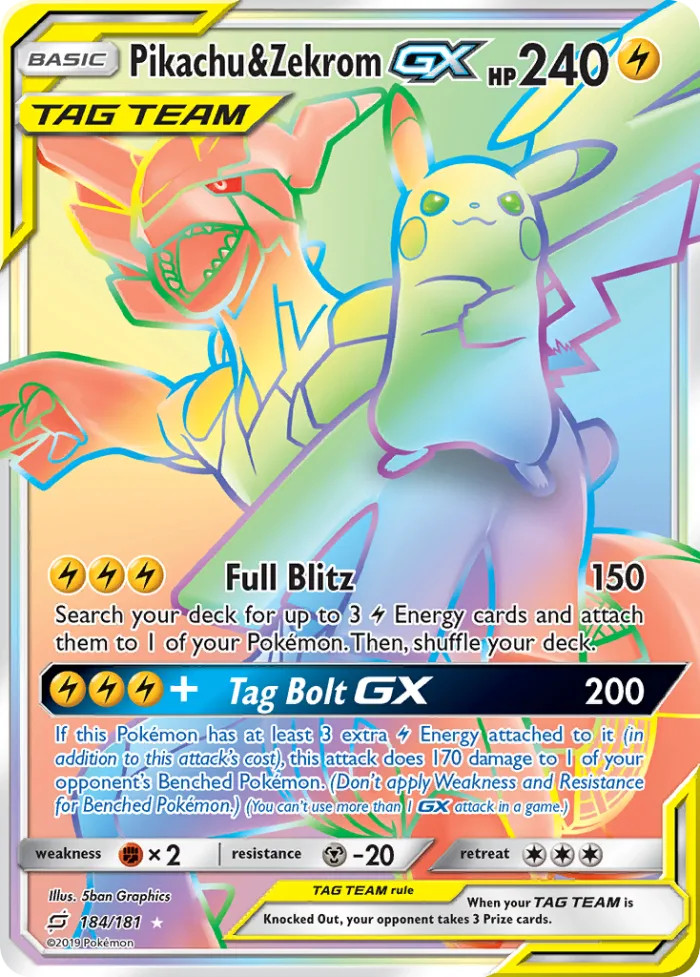 Pikachu & Zekrom-GX #184 Team Up Pokemon card