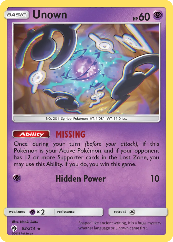 Unown #92 Lost Thunder Pokemon card