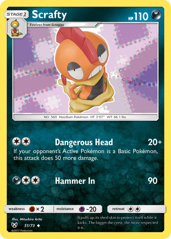 Scrafty #51 Shining Legends Pokemon card