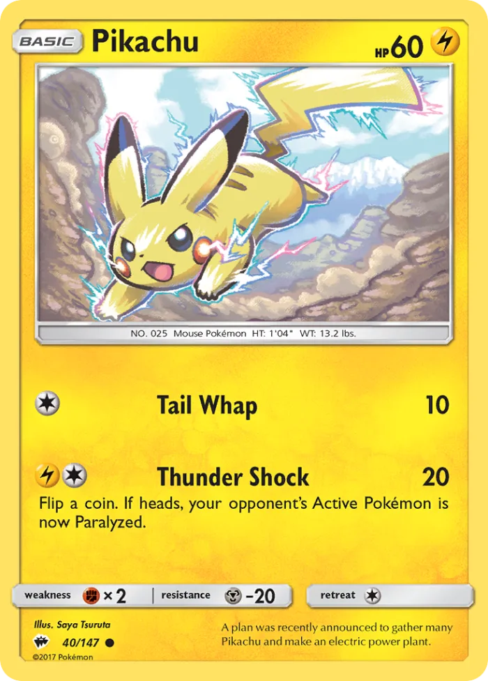Pikachu #40 Burning Shadows Pokemon card
