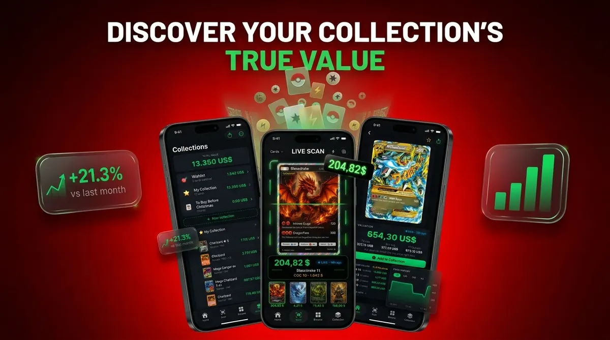 Card Value Scanner app screens showing collection totals, live card scan, and price history on three phones against a red background.