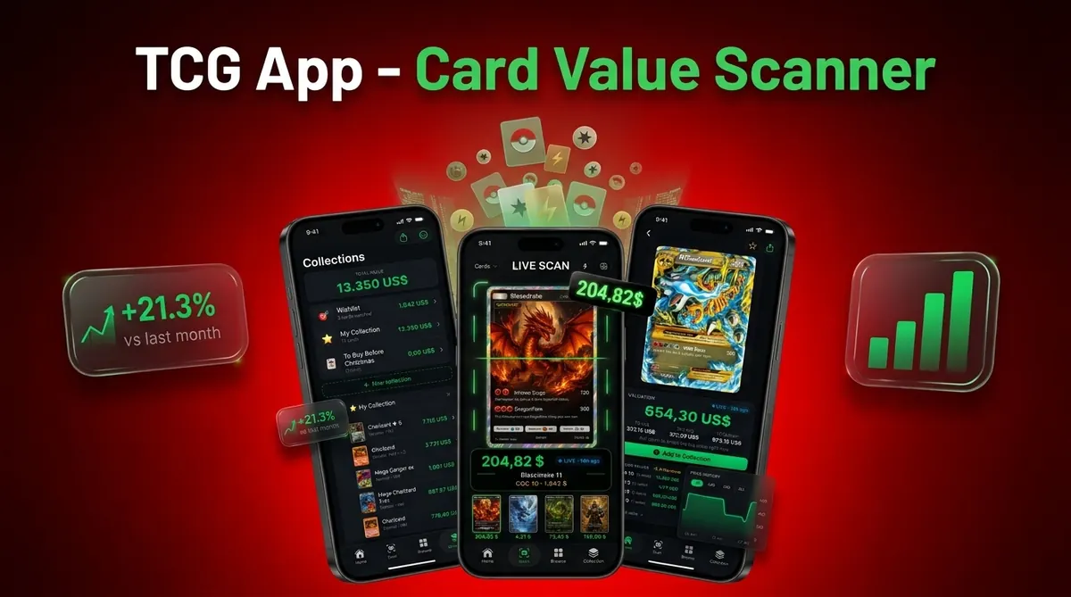 Card Value Scanner TCG app phone mockup Card Value Scanner TCG app mockup with three phones showing collections, live scan pricing, and card details on a red gradient.