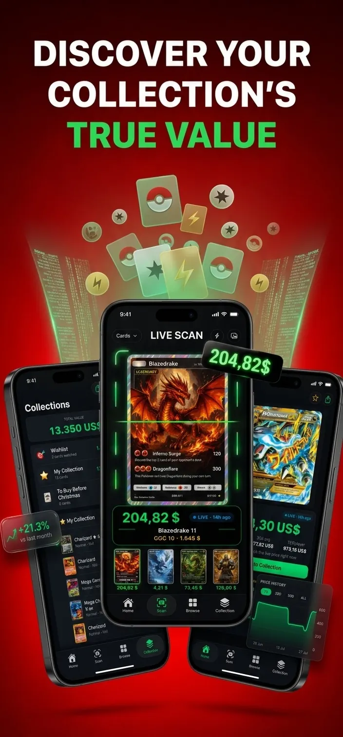 Scan screen with the matched card, its market value and recent scans