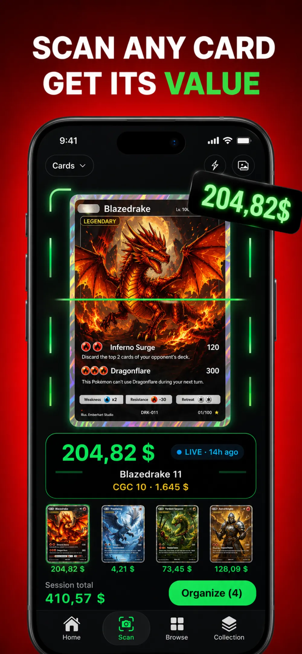 Scanning a Pokémon card with the price shown over the camera view