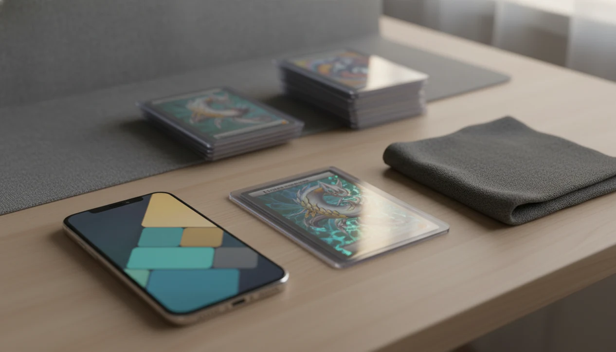A smartphone beside sleeved trading cards on a collector desk suggests scanning cards for value.