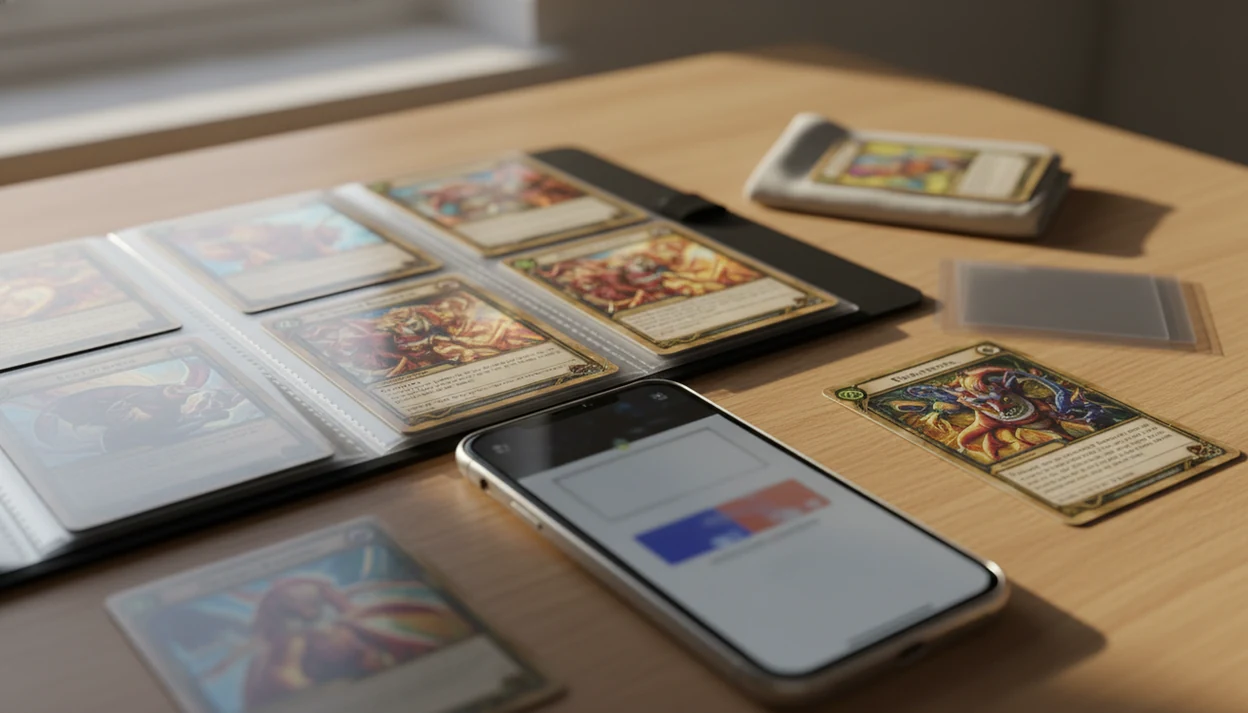 A smartphone scans colorful trading cards on a collector desk beside sleeves and an open binder.