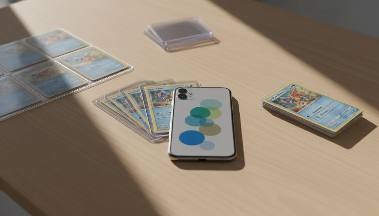 A smartphone scans sleeved trading cards on an organized collector desk with binders and duplicates nearby.