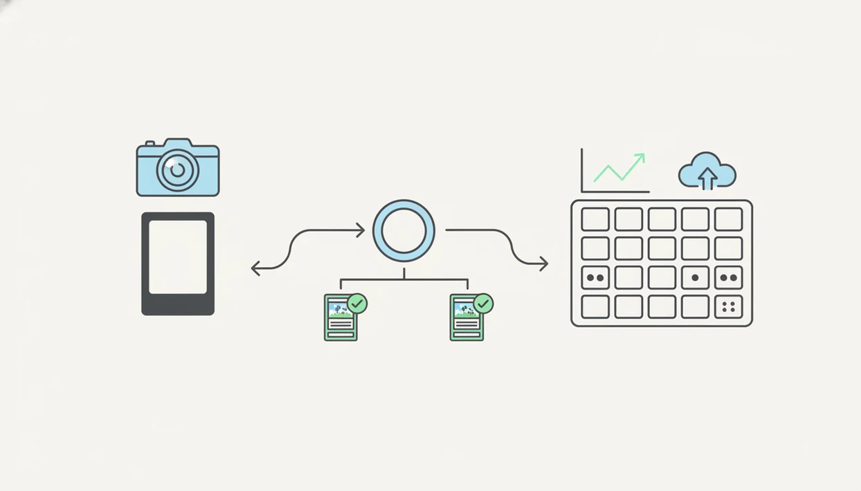 A simple illustrated workflow shows card scanning, variant matching, inventory storage, values, and export.