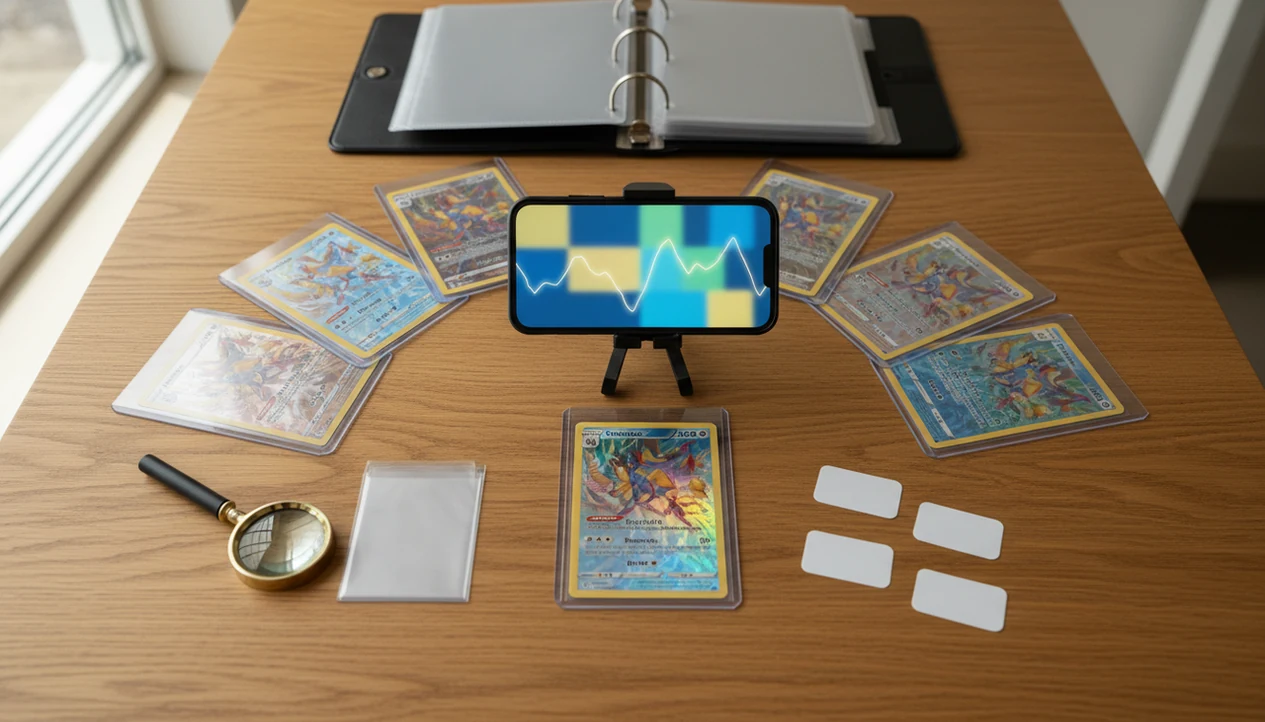 A phone scans sleeved trading cards on a table with supplies for checking prices before selling.