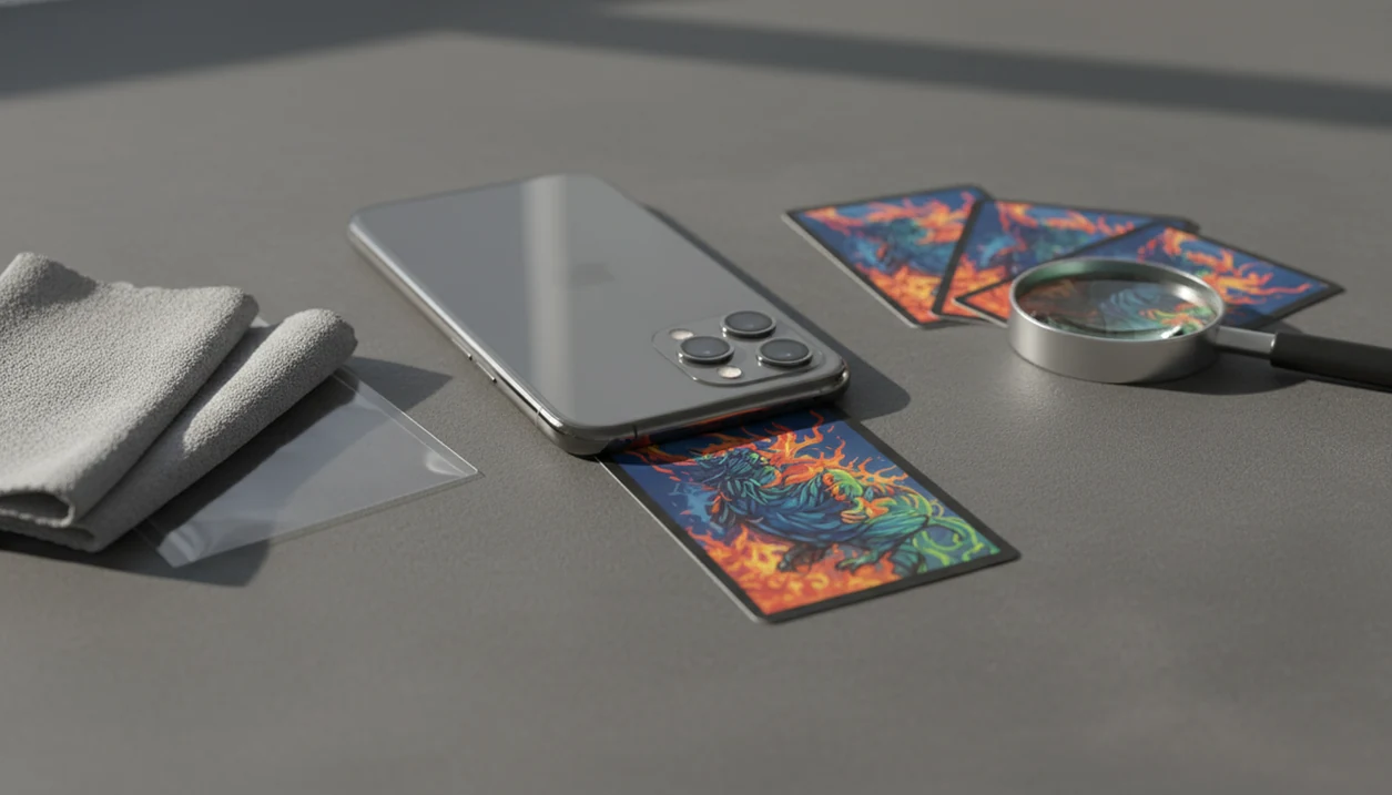 A phone and generic trading cards on a desk suggest scanning results that still need checking.