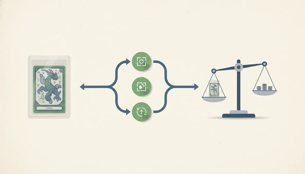 A simple visual checklist shows that a scan, card details, and market data should align.