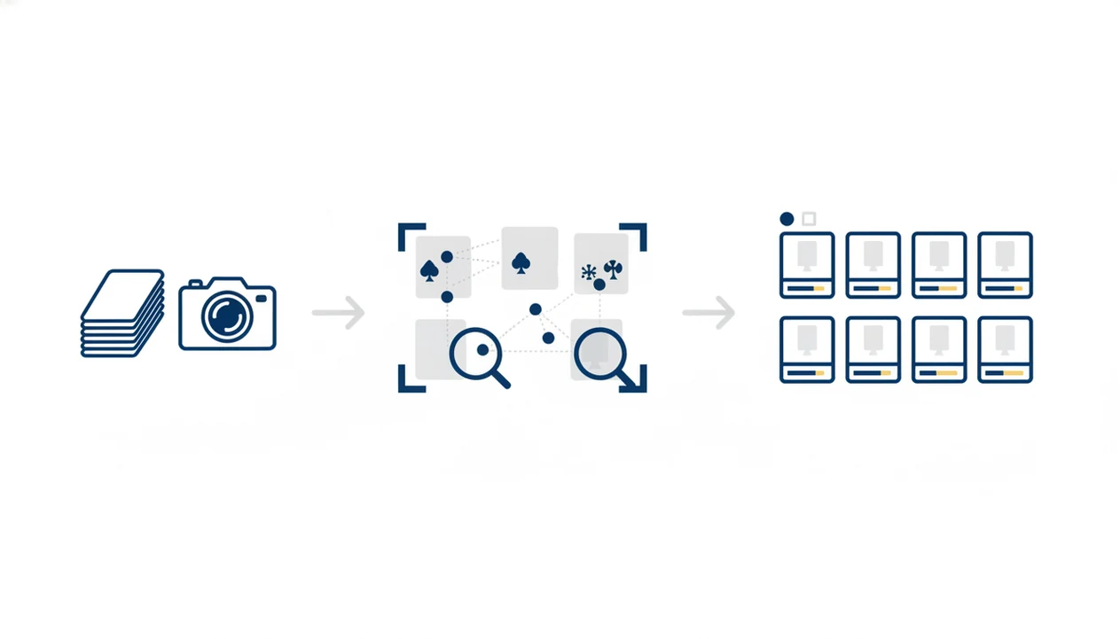 A simple diagram shows cards moving from camera capture through AI matching into organized scan results.
