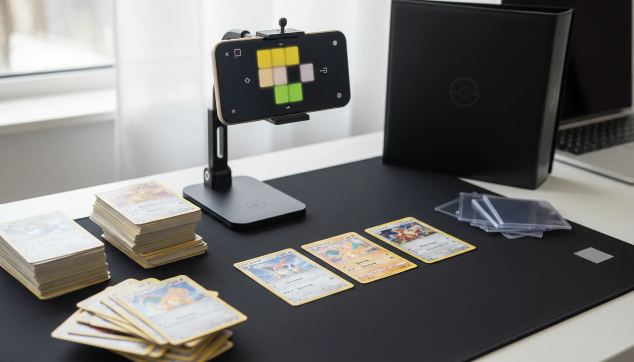 A tabletop setup shows stacks of Pokémon cards being batch scanned with a phone over a clean workspace.