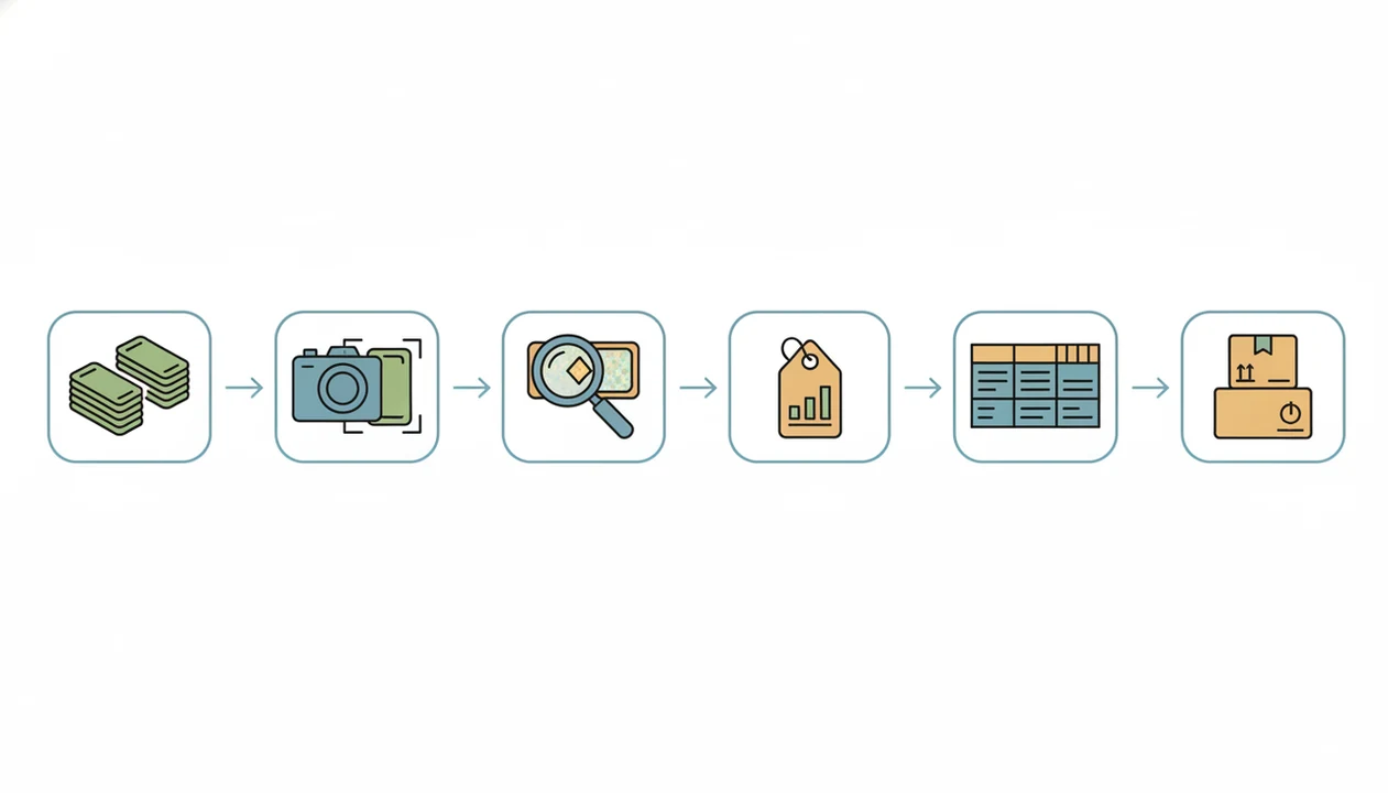 A simple visual workflow shows sorting, scanning, reviewing, pricing, exporting, and listing cards.