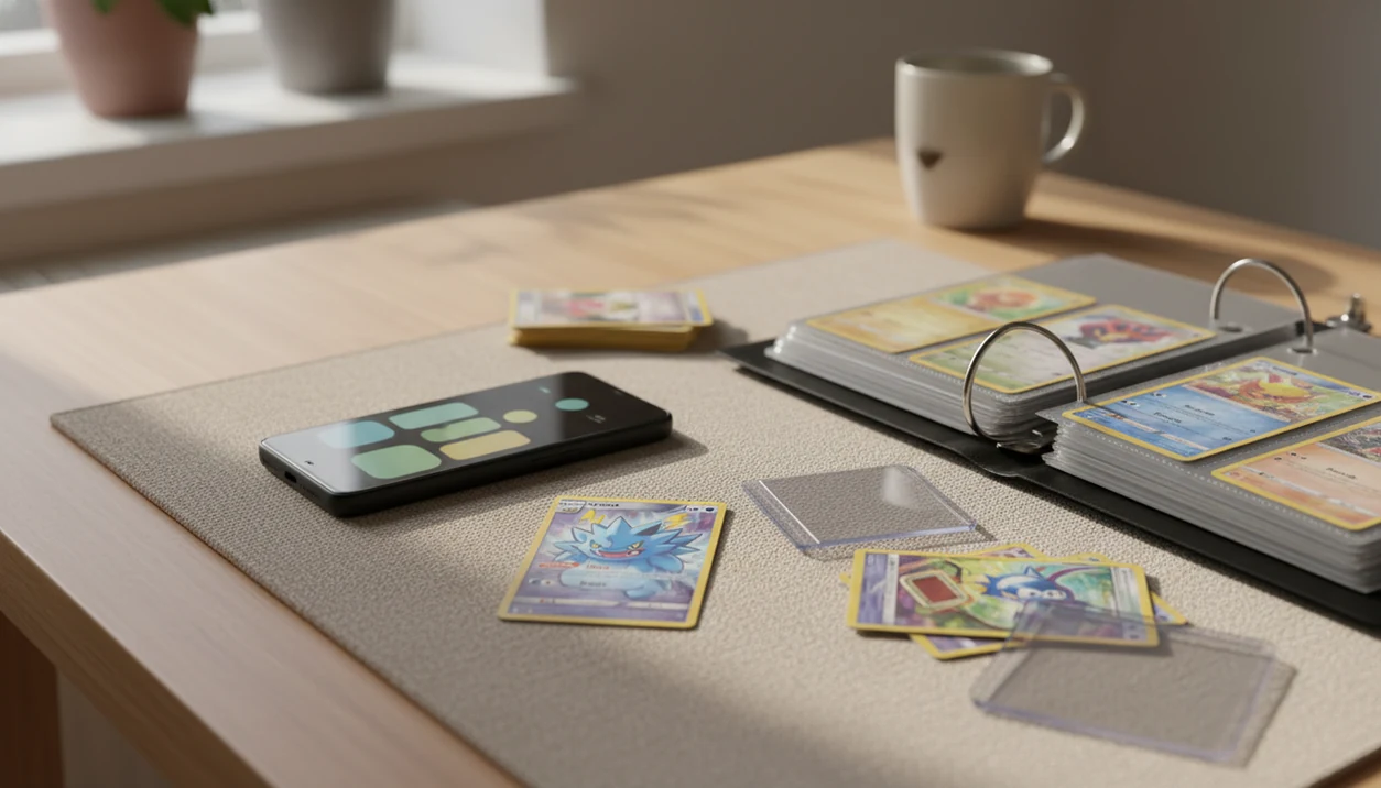 A phone, card binder, sleeves, and trading cards are arranged on a table for beginner scanning.