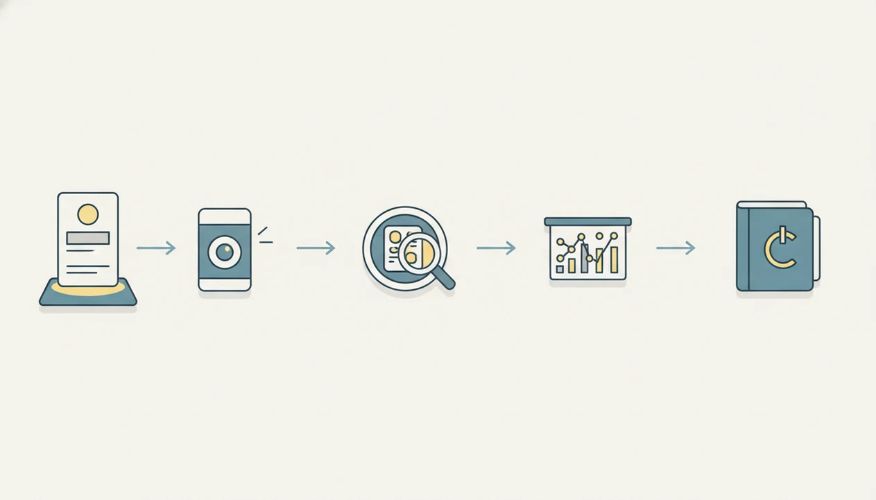 A simple visual workflow shows scanning a card, checking details, prices, and saving it.