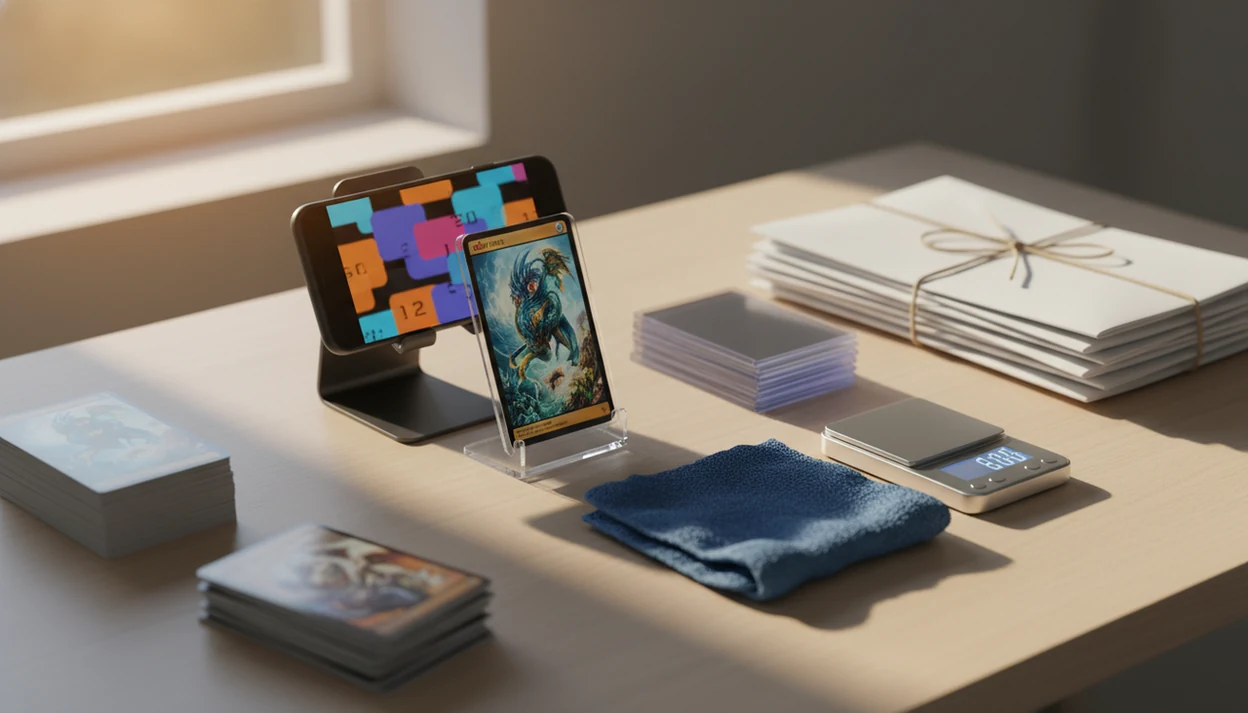 A seller workstation shows a phone scanning a Pokémon-style card beside sleeves, stacks, and shipping supplies.