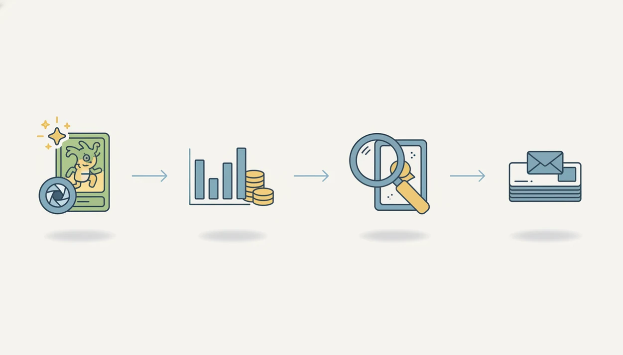 A simple diagram shows card scanning flowing into price checks, condition review, and listing preparation.