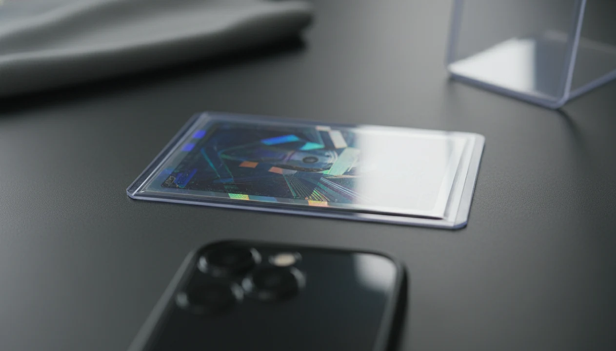 A sleeved holographic trading card is positioned under even light for a cleaner phone scan.