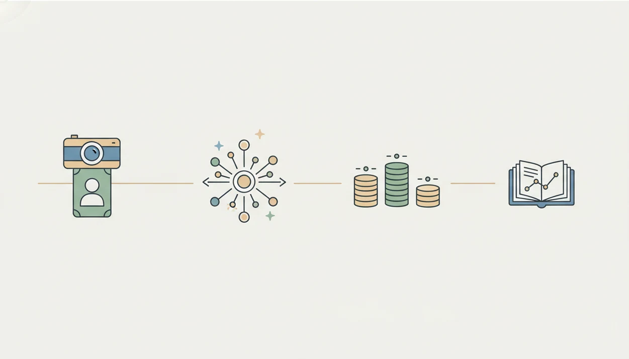 A simple diagram shows a card photo flowing through recognition, pricing, and collection tracking.