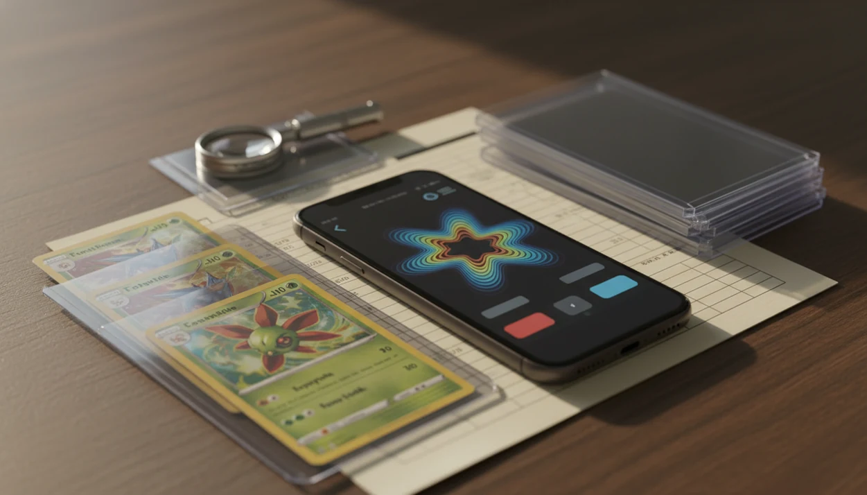 A smartphone and sleeved trading cards sit on a collector desk with scanning tools nearby.