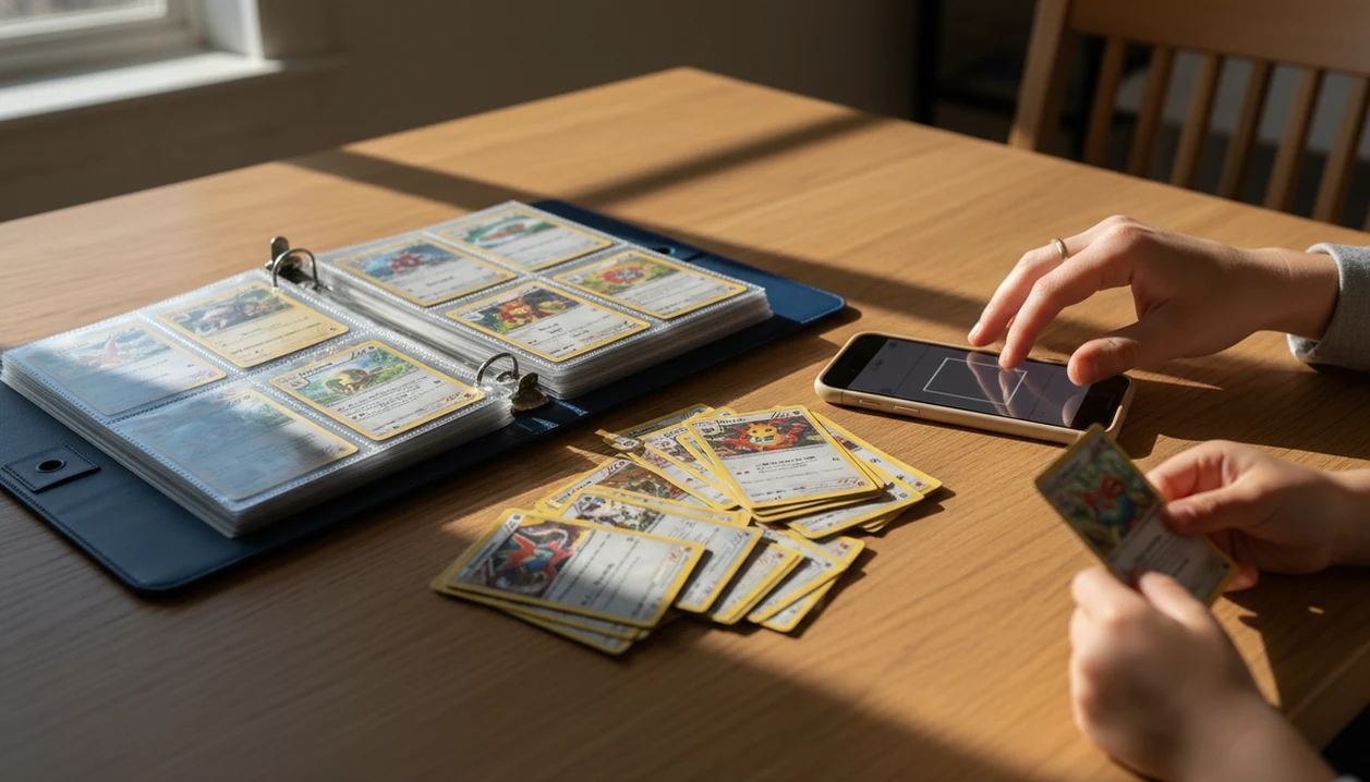 A parent and child sort trading cards beside a phone and binder on a kitchen table.