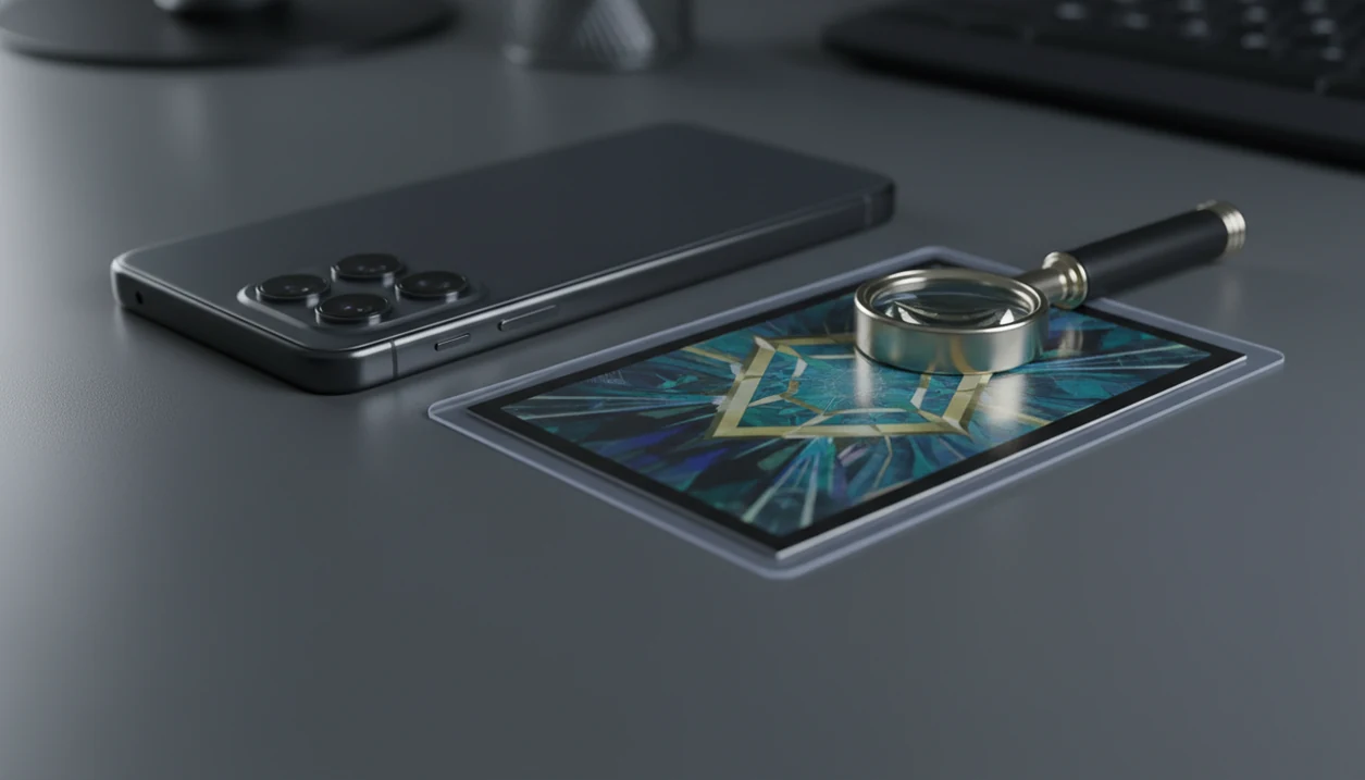 A phone and magnifying loupe sit beside a generic foil trading card, suggesting a scan is only a first check.