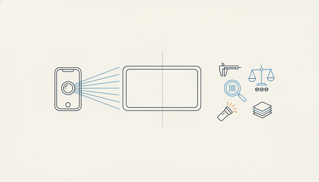 A diagram contrasts phone scanning with physical checks such as magnification, weight, light, and card layers.