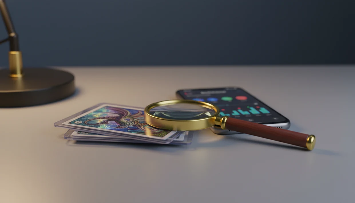 A sleeved trading card, magnifying glass, and phone suggest checking market price before trusting a value.