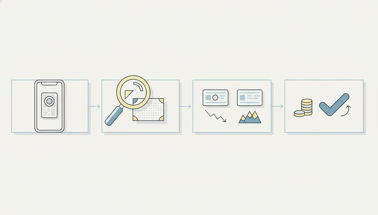 A wordless diagram shows scanning, inspection, price comparison, and deal decision steps.
